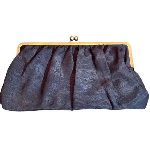 Vintage Black Clutch Gold Frame Kiss Clasp Women's Formal Bag Satin Finish - Picture 1 of 16